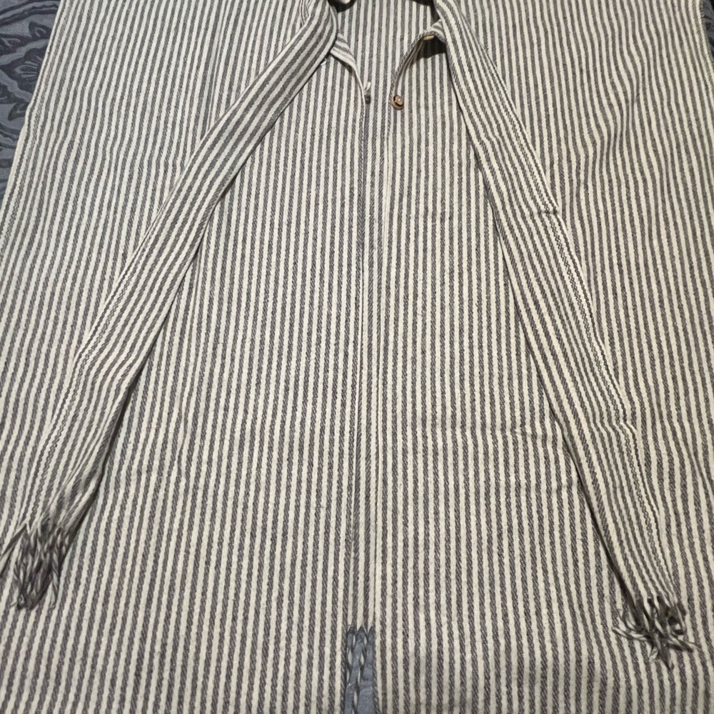 Gray and White Casual Button Down Shirt with Vertical Stripes